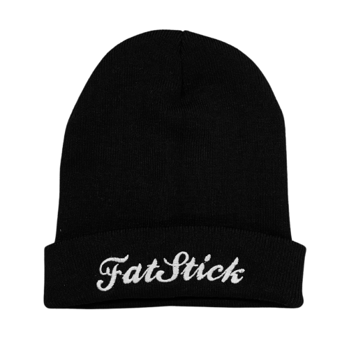 Black FatStick Beanie Hat with a white FatStick logo embroidered on the folded brim