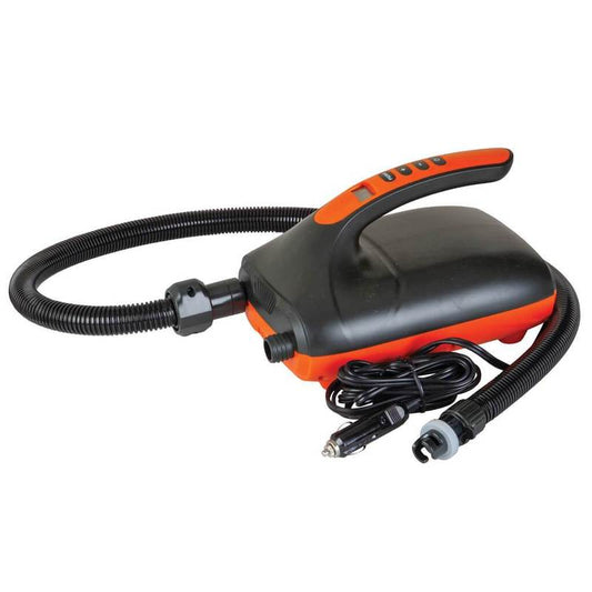 Black and orange electric 20psi paddle board pump with attached hose and car charger with coiled cord.