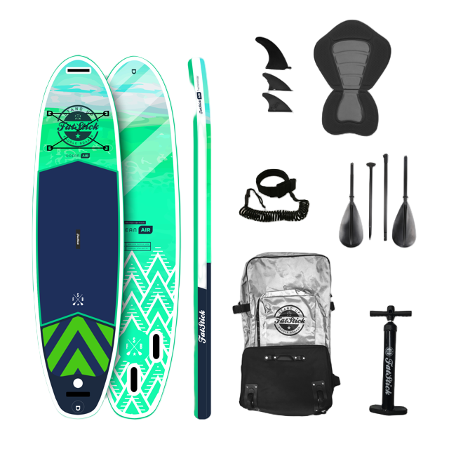Pure Art 10'6 inflatable stand up paddle board in green and white, complete package with seat, fins, pump, paddle, and carry bag.