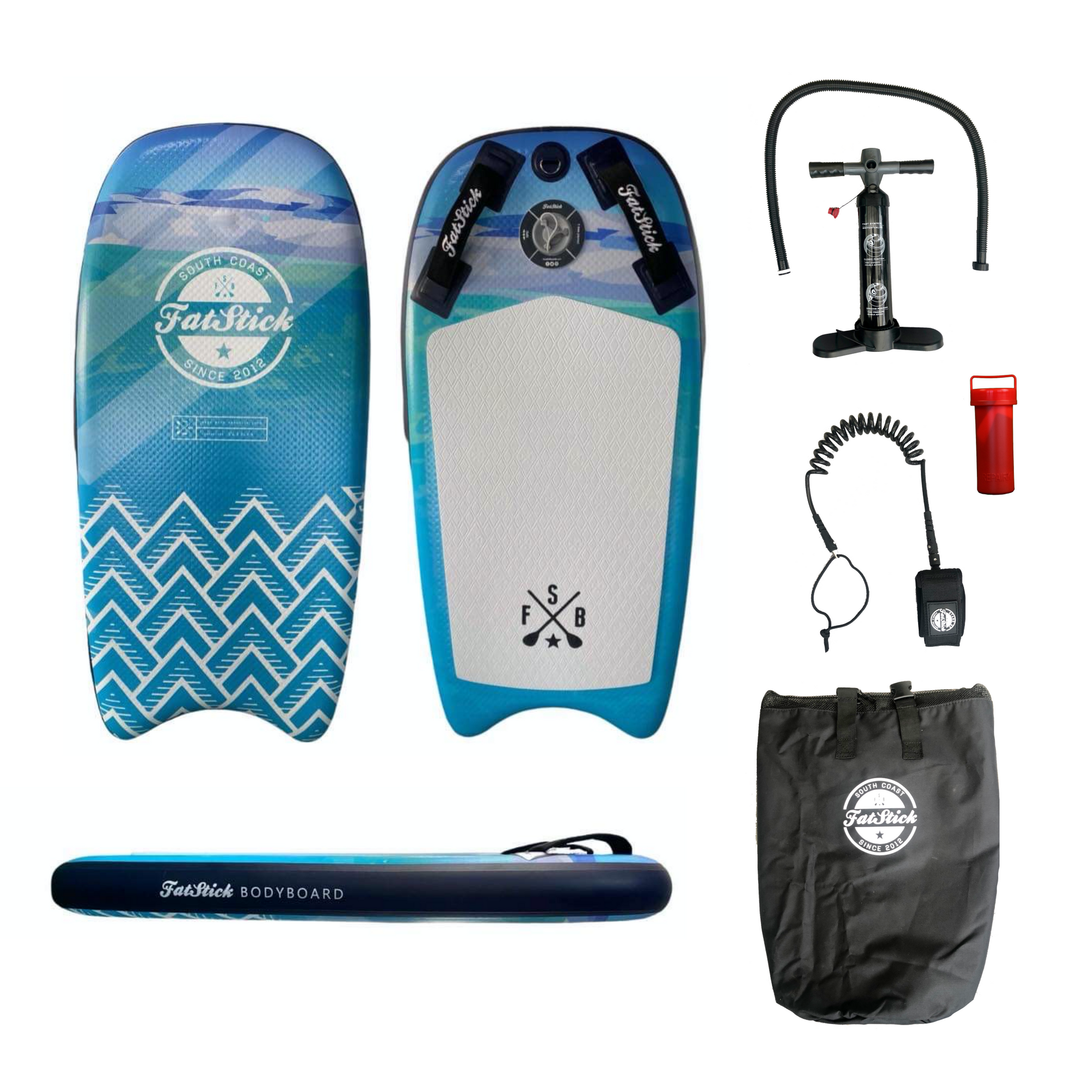 Top, bottom, side views of the Inflatable 43 Fatstick Body Board and included accessories on a white background. Accessories include pump, leash, and bag.
