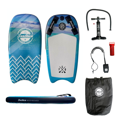 Top, bottom, side views of the Inflatable 43 Fatstick Body Board and included accessories on a white background. Accessories include pump, leash, and bag.