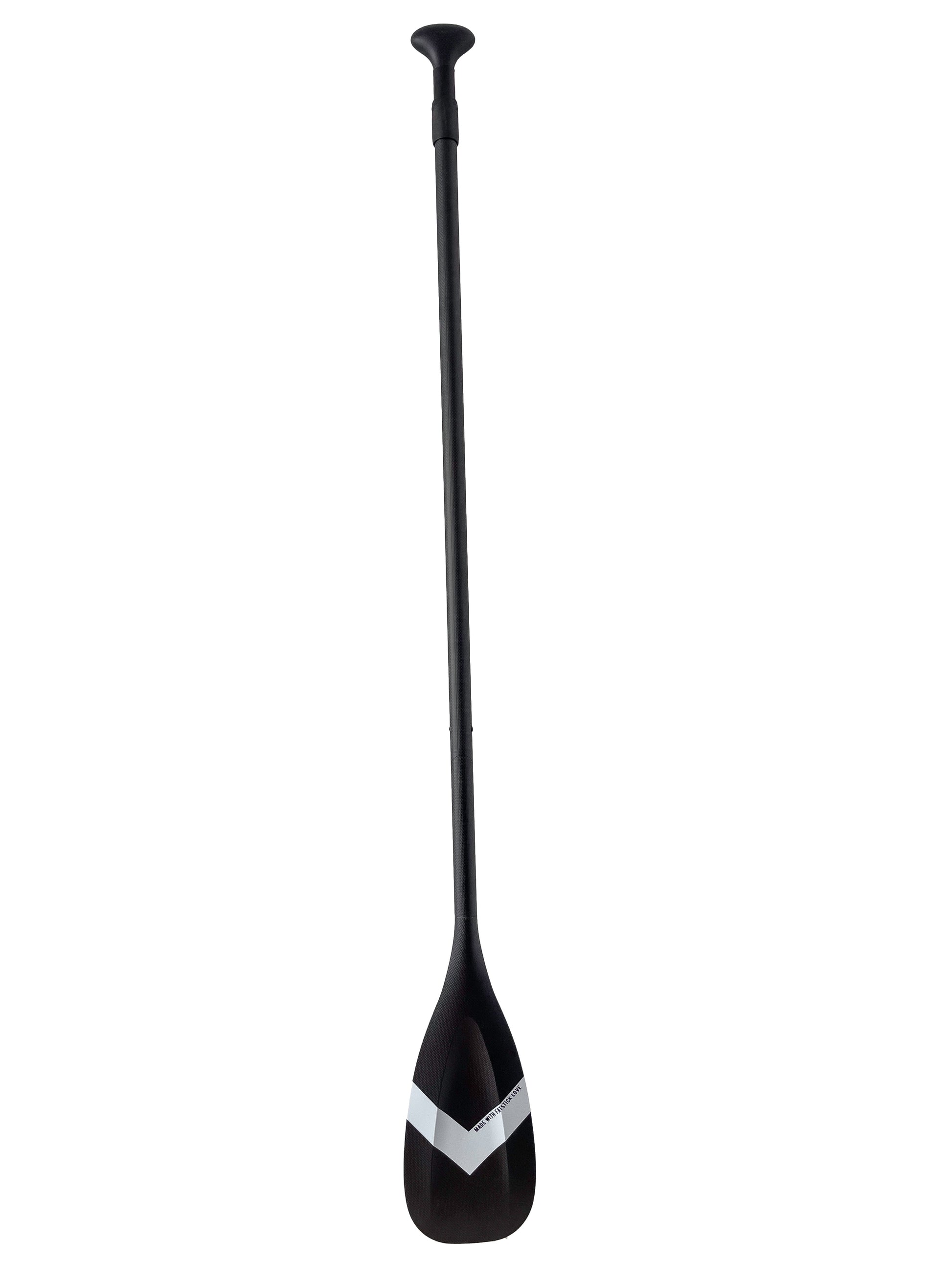 Full view of the black FatStick full carbon 2 piece paddle board on a white background.