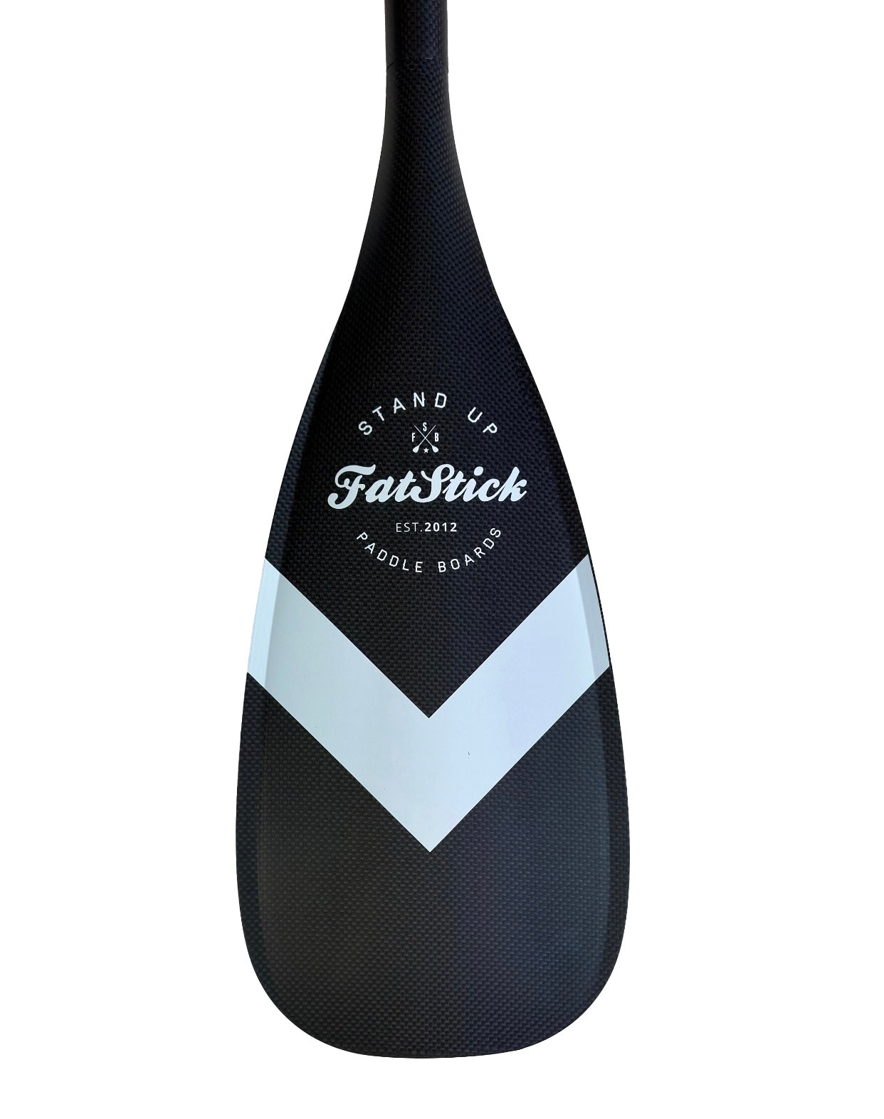Close up of the carbon fiber paddle board paddle blade, black with white FatStick logo.