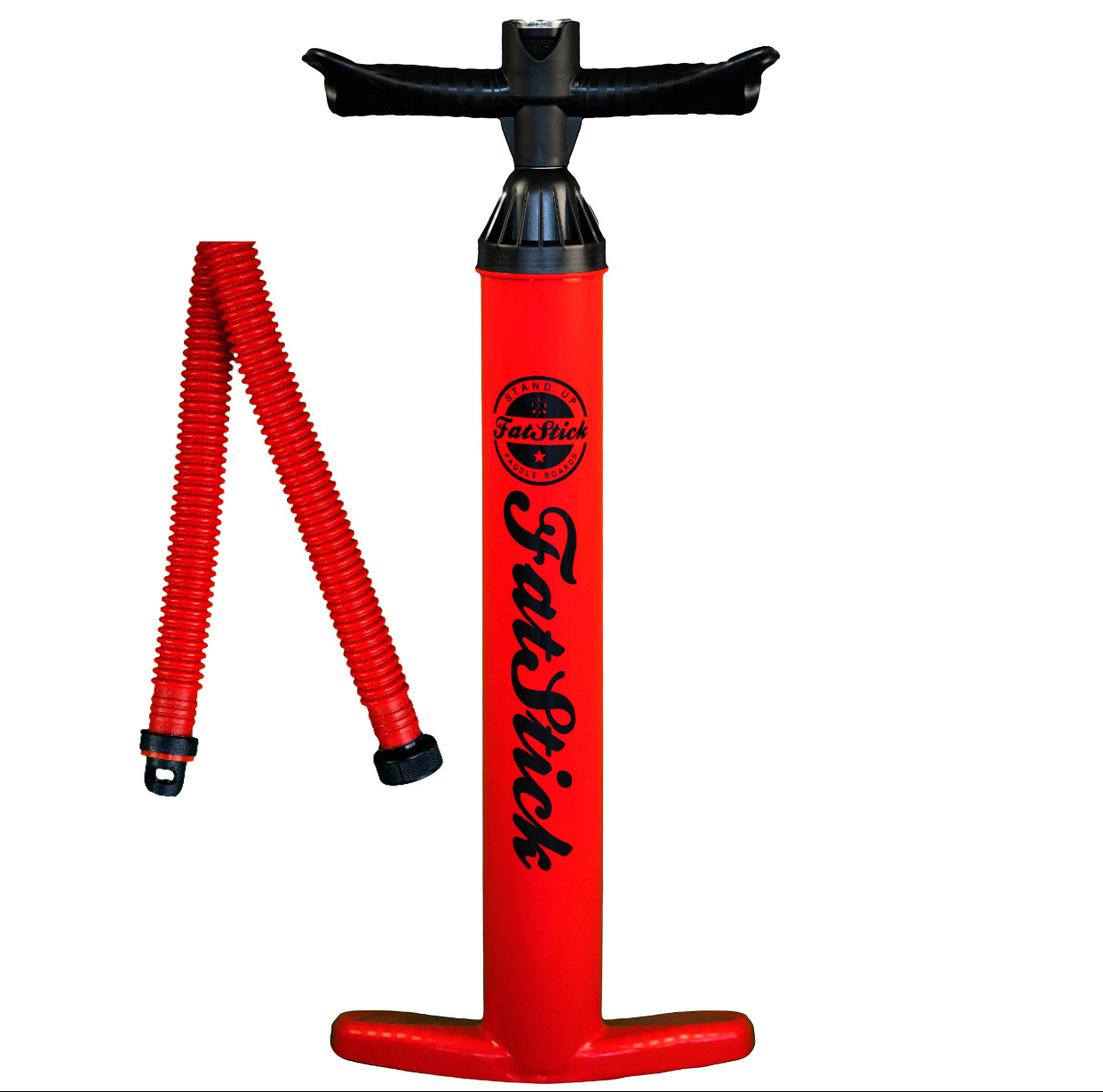FatStick Boards high pressure SUP hand pump, red with black handle and hose, front view, for inflatable paddle boards or kayaks