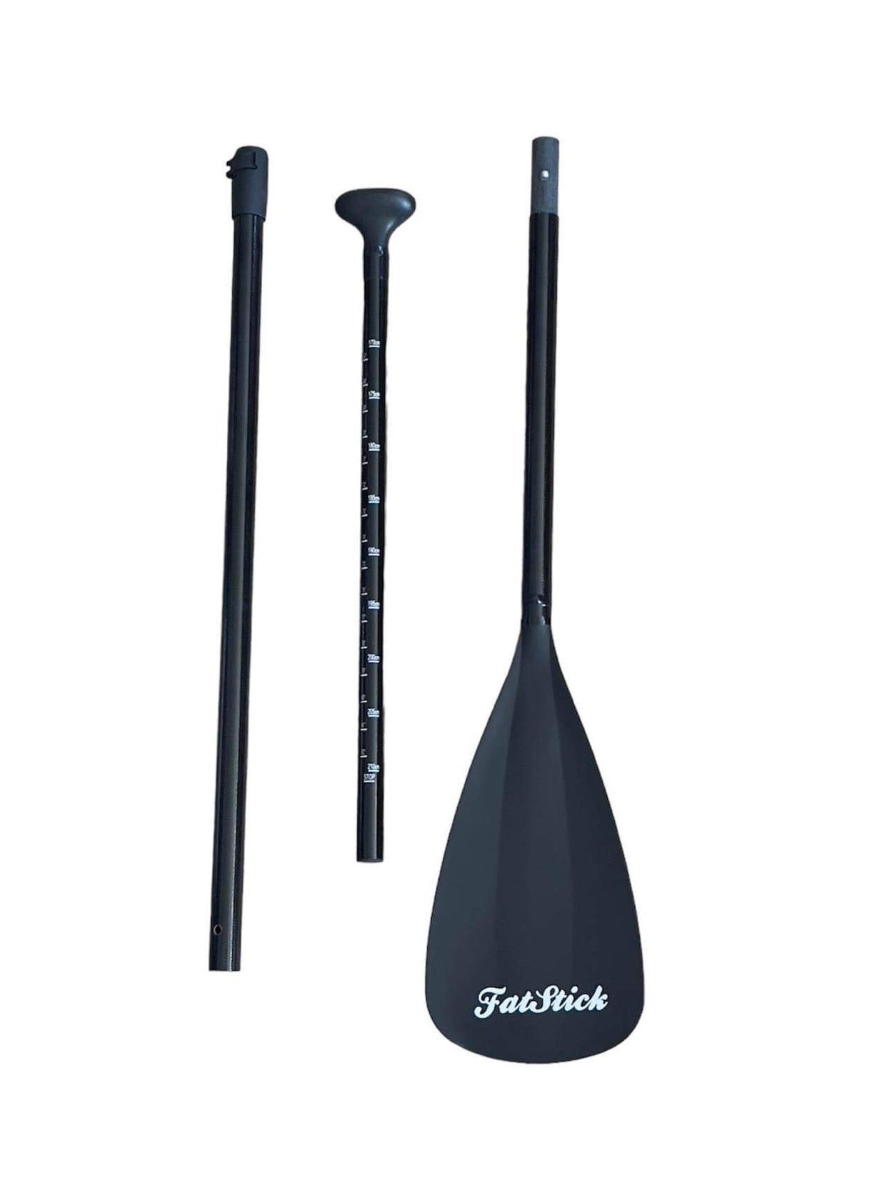 Three separate pieces of the Fatstick No Frills 3 piece sup paddle against a white background
