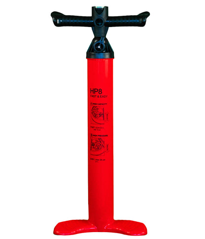 FatStick Boards HP8 high pressure SUP hand pump, red, back view, showing pump directions and details