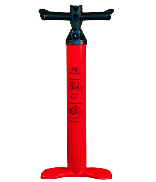 FatStick Boards HP8 high pressure SUP hand pump, red, back view, showing pump directions and details
