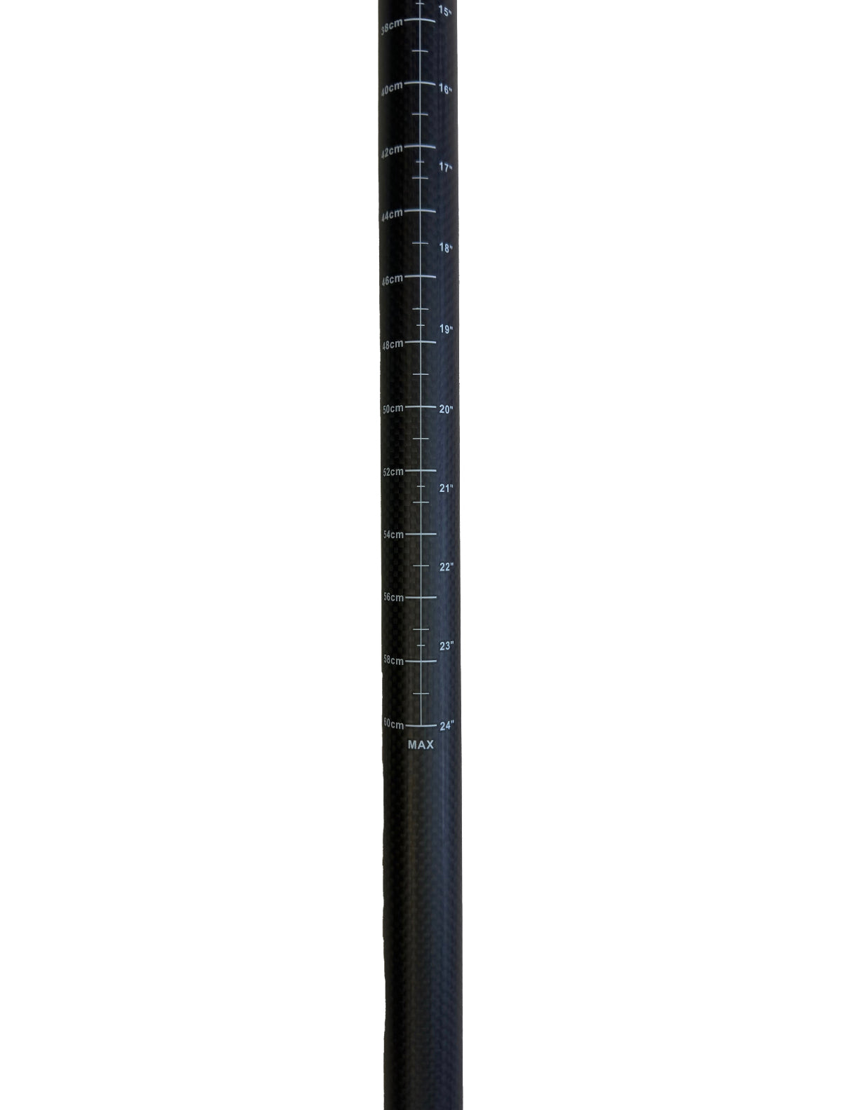 Close up of the paddle board paddle shaft showing measurement markings in centimeters and inches.