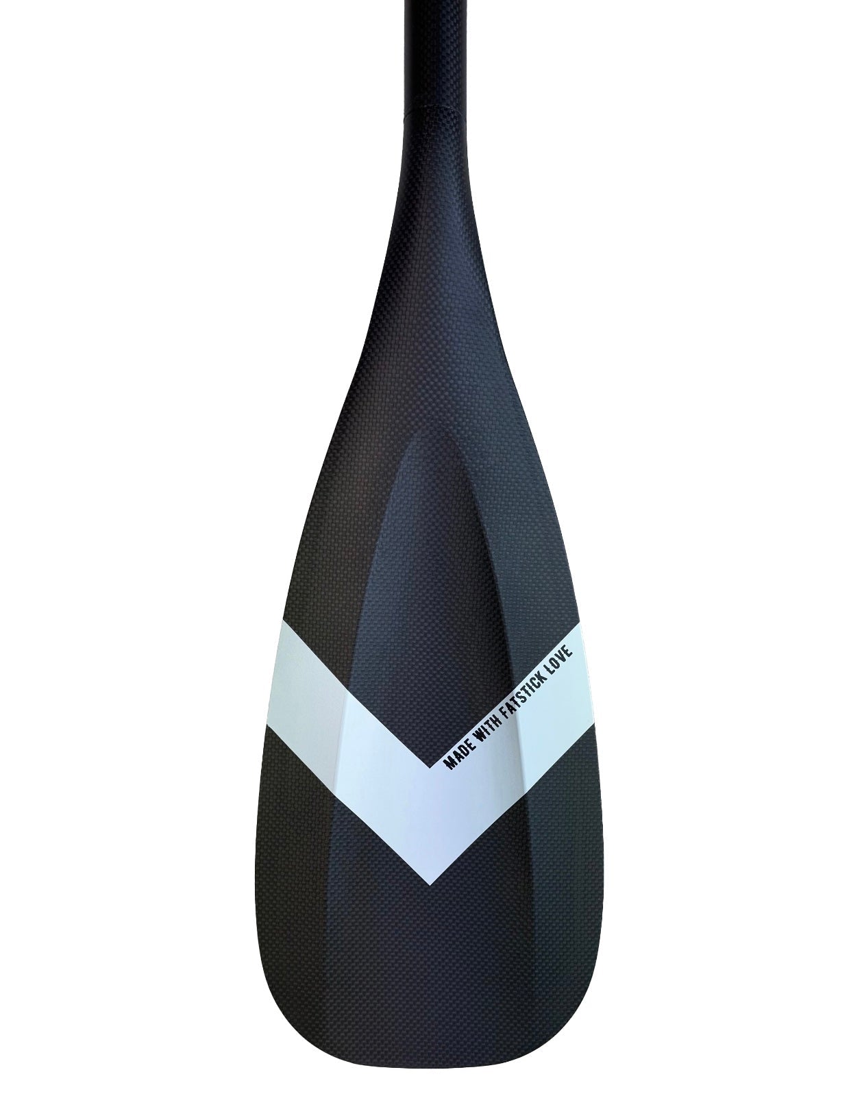 Back of the carbon fiber paddle board paddle blade, black with white "Made with Fatstick Love" text.