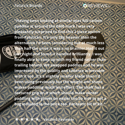 Review text overlaid on a black and white FatStick full carbon paddle board with a patterned background.