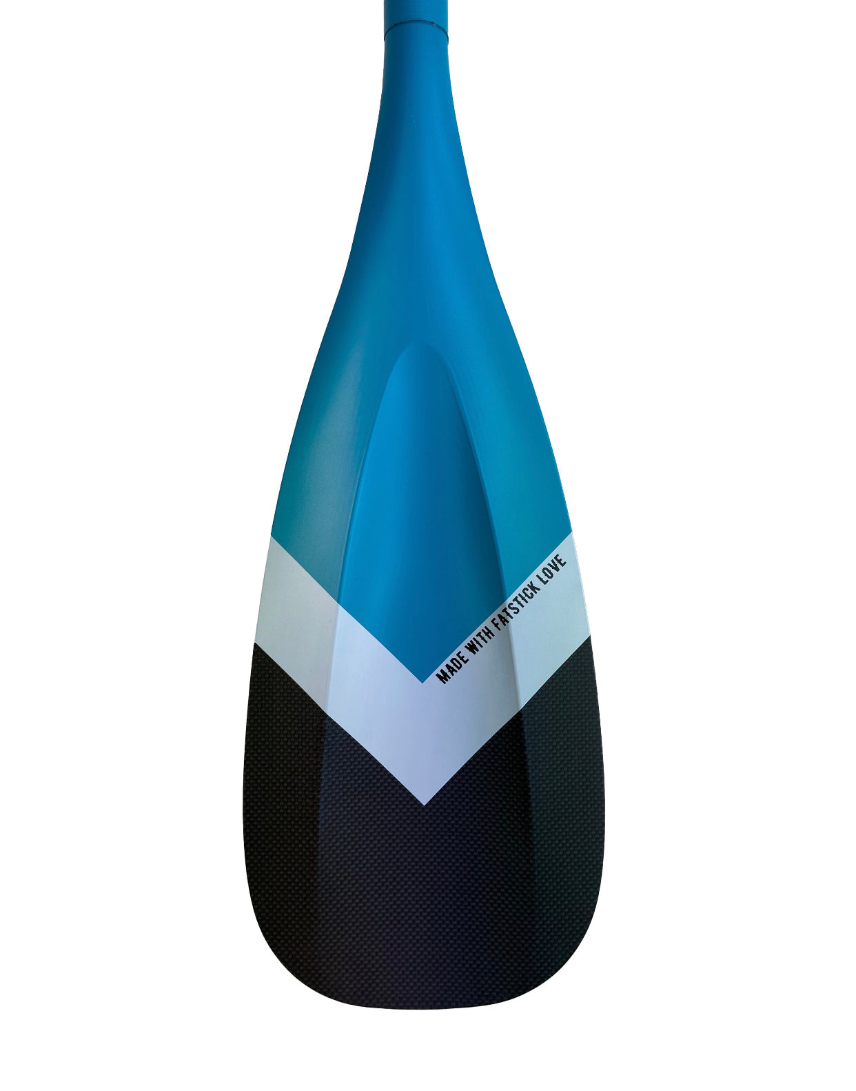 Rear view of the blue full carbon paddle board paddle blade displaying 'MADE WITH FATSTICK LOVE' text.