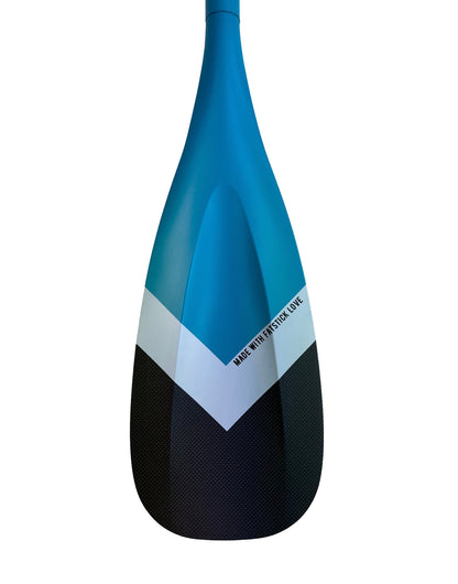Rear view of the blue full carbon paddle board paddle blade displaying 'MADE WITH FATSTICK LOVE' text.