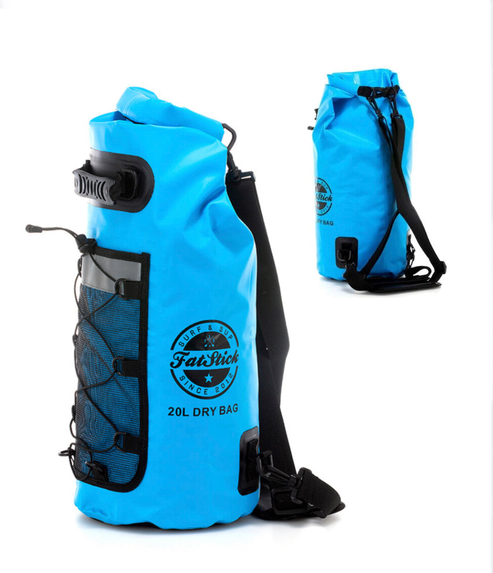 Two blue 20Ltr FatStick Dry Bag & Backpacks, one upright showing front pocket and logo, another in background showing shoulder straps.