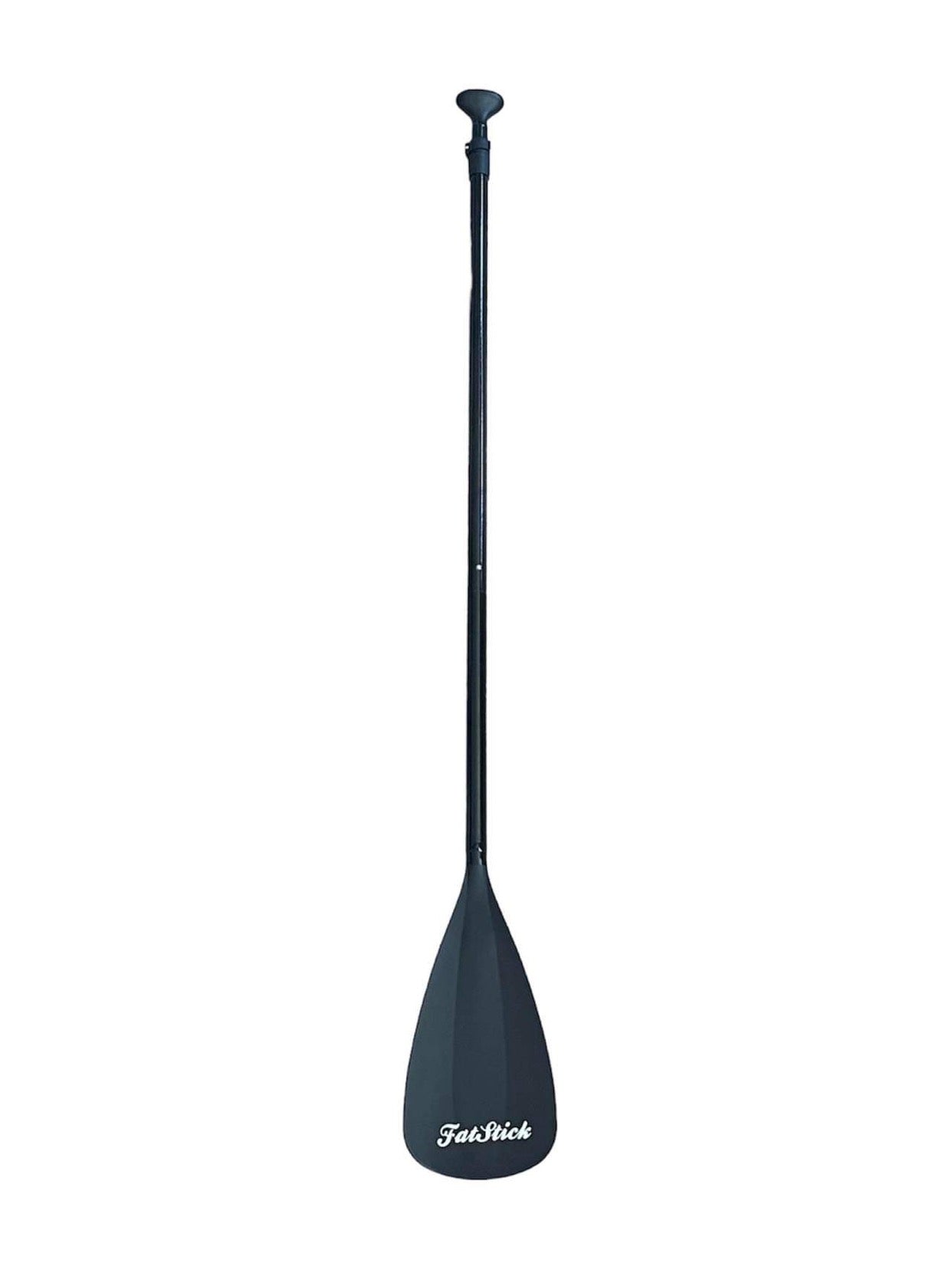 Fully assembled Fatstick No Frills 3 piece sup paddle board paddle, standing upright against a white background