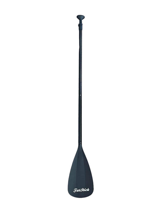 Fully assembled Fatstick No Frills 3 piece sup paddle board paddle, standing upright against a white background