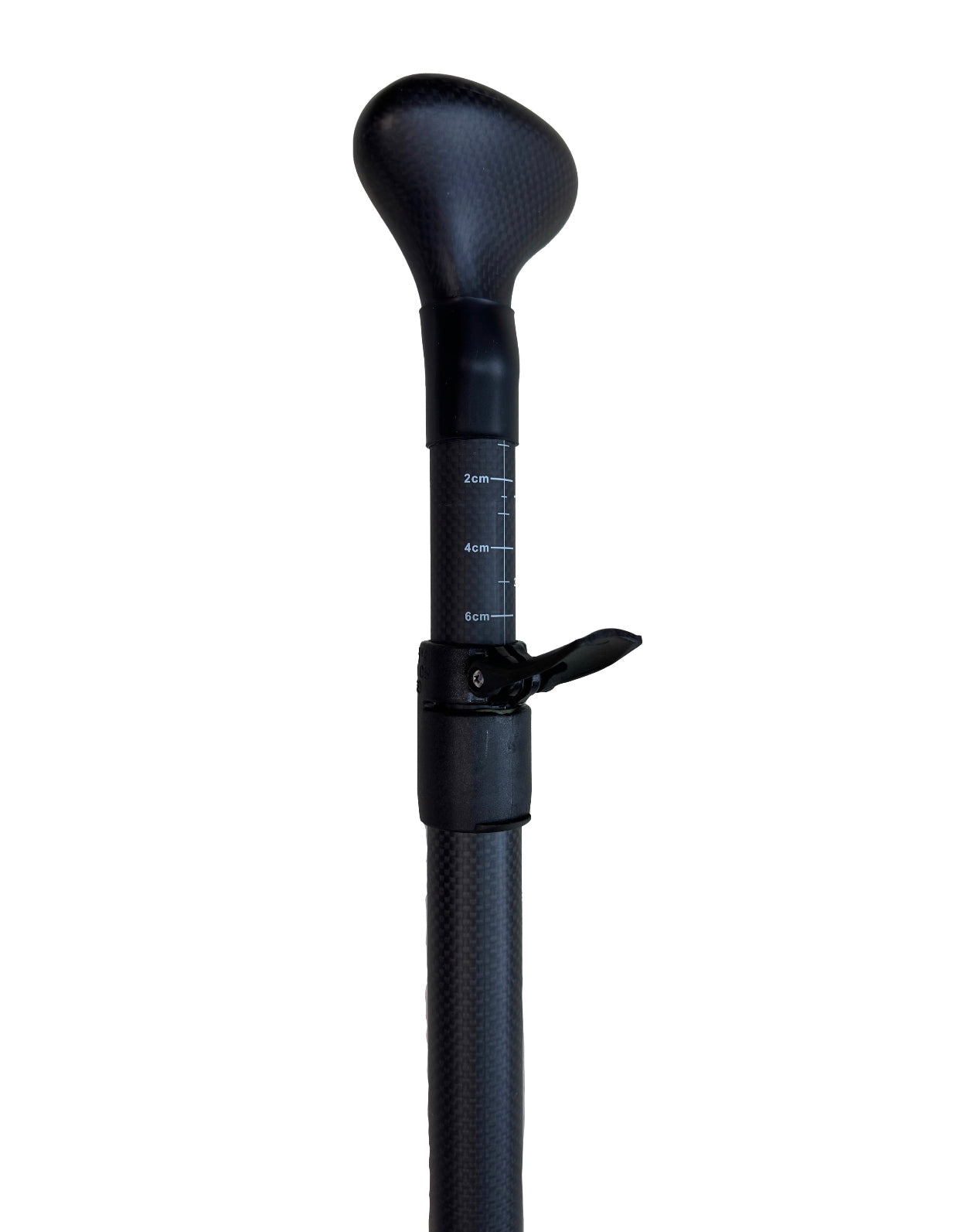 Close-up of the adjustable handle section of the FatStick full carbon paddle board, showing measurements.