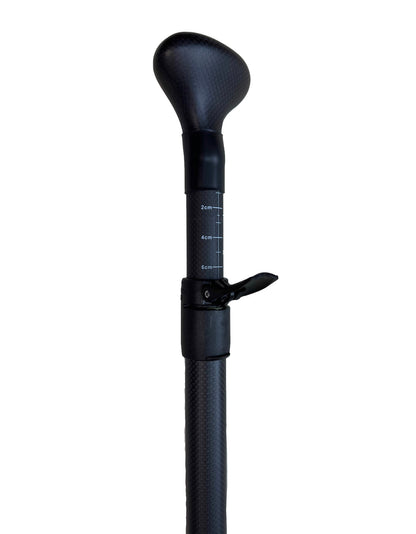 Close-up of the adjustable handle section of the FatStick full carbon paddle board, showing measurements.