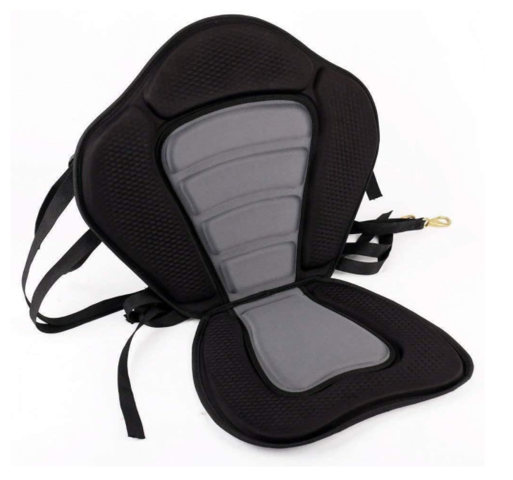 Black and gray padded sup erc ell store seat for attaching to a paddleboard or kayak.