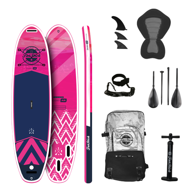 Pure Art 10'6 inflatable stand up paddle board in pink and white, complete package with seat, fins, pump, paddle, and carry bag.