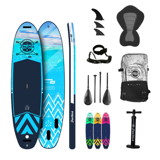 Pure Art 10'6 inflatable stand up paddle board in blue and white, complete package with seat, fins, pump, paddle, and carry bag.